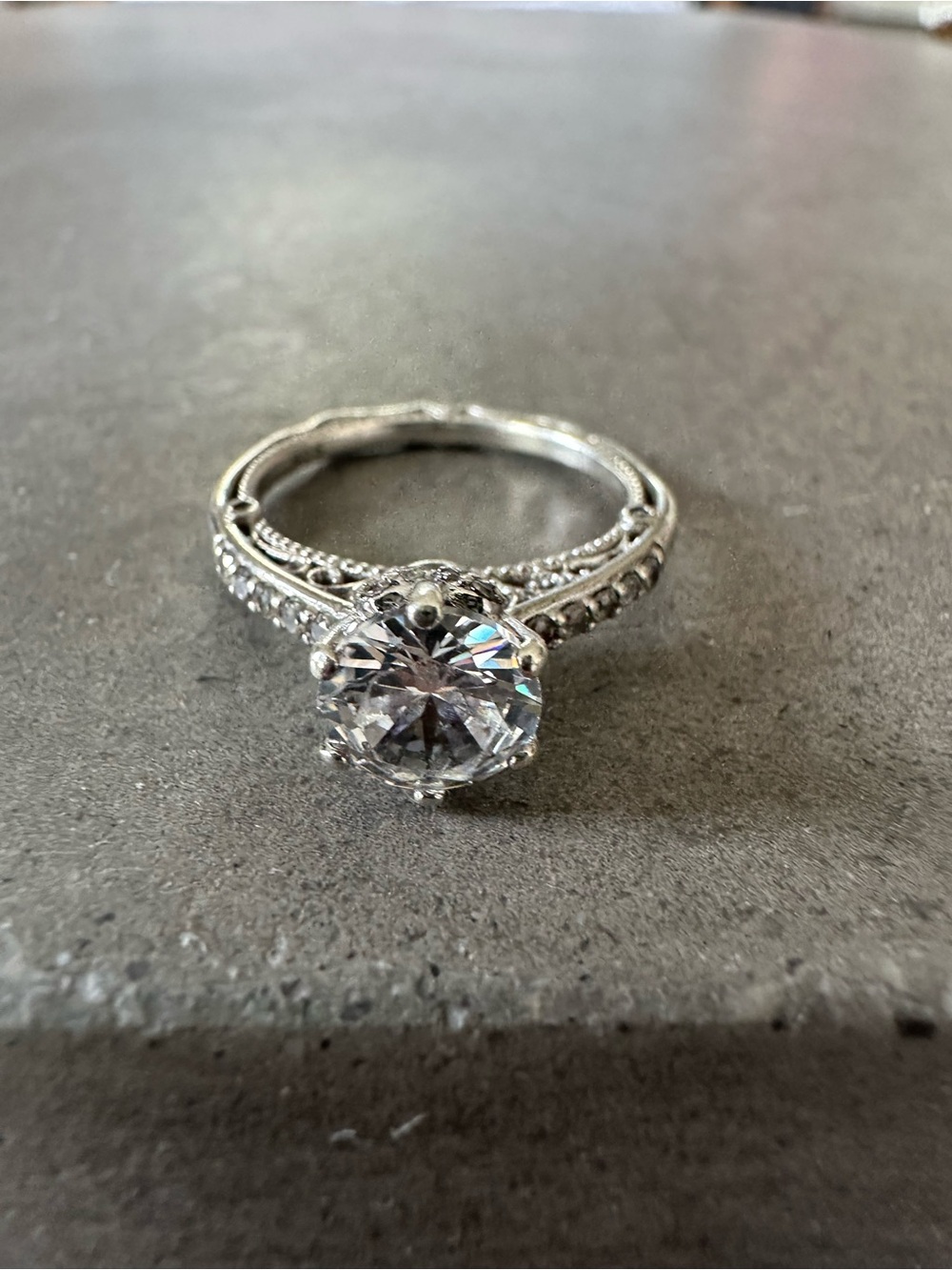 Vintage-Inspired Sterling Silver Round Solitaire Engagement Ring with details